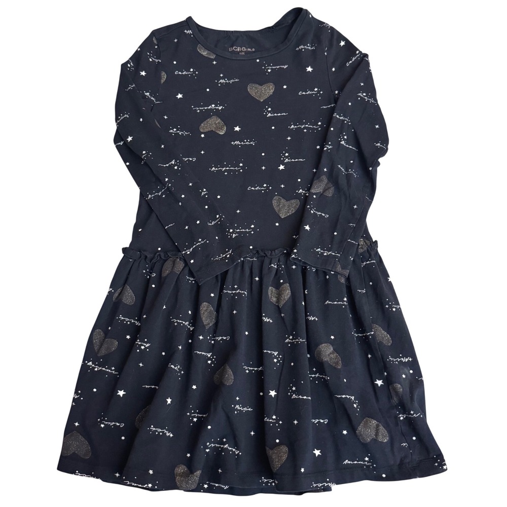 BCBGirls M 6/7 Black Star Dress Glitter Hearts Bonjour Merci Long Sleeve Skater